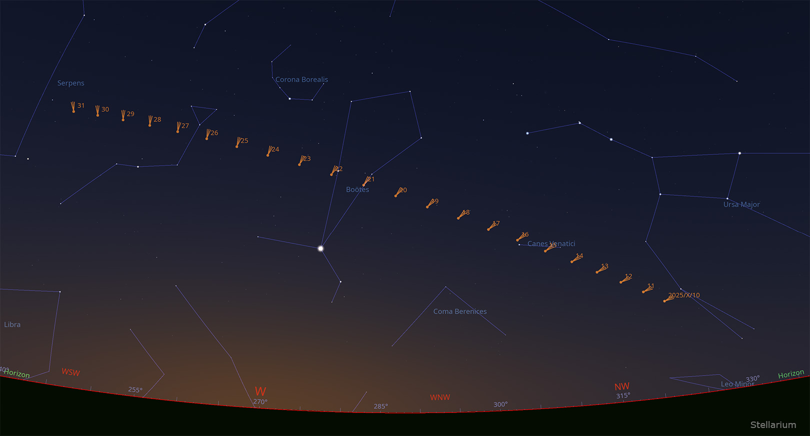 Karta neba s ucrtanim položajima kometa Lemmon