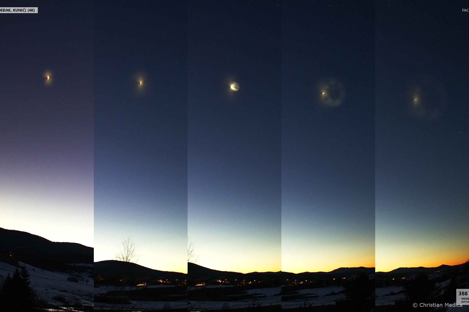 Niz fotografija magličastog objekta na nebu iz kojeg se širi oblačasti prsten