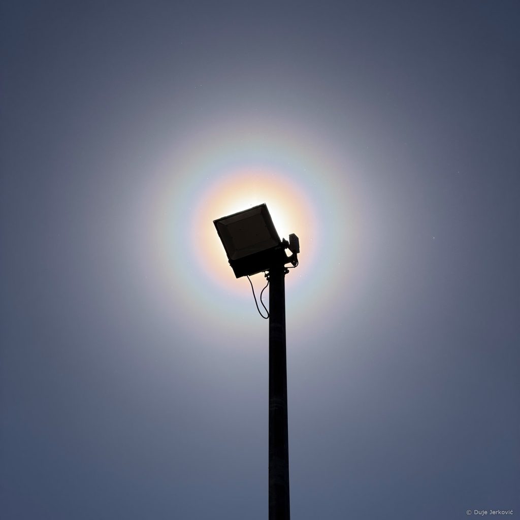 Niz raznobojnih koncentričnih krugova oko Sunca koje je zaklonjeno reflektorom