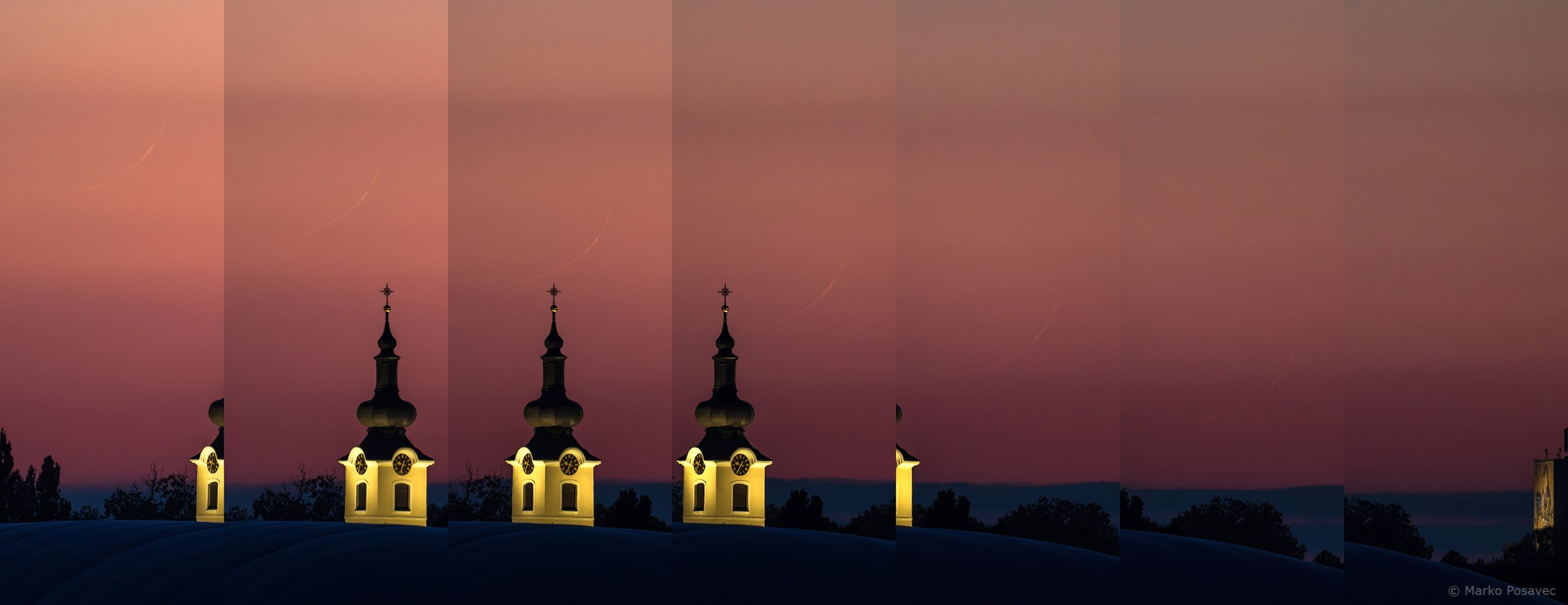 Niz od sedam fotografija koje prikazuju kako je tanak Mjesečev srp zašao pored crkvenog tornja u daljini